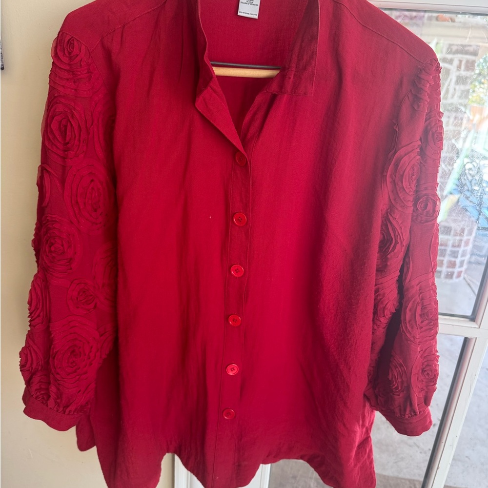 John Mark Red Button Down Shirt with Floral Sleeves- XL